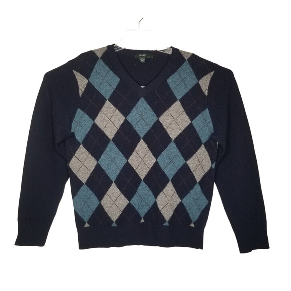 J Crew 100% Lambswool V Neck Sweater Mens Large Blue Argyle Academia Grandpacore - Picture 1 of 8